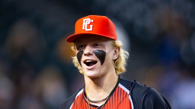 Aug 28, 2022; Phoenix, Arizona, US; West outfielder Max Clark (3) during the Perfect Game All-American Classic high school baseball game at Chase Field. Mandatory Credit: Mark J. Rebilas-USA TODAY Sports